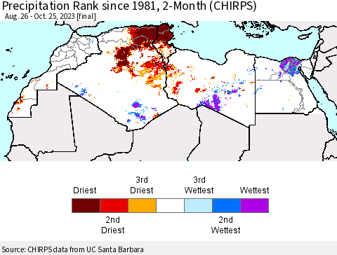 North Africa Precipitation Rank since 1981, 2-Month (CHIRPS) Thematic Map For 8/26/2023 - 10/25/2023