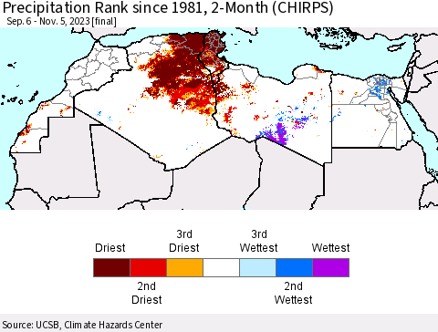 North Africa Precipitation Rank since 1981, 2-Month (CHIRPS) Thematic Map For 9/6/2023 - 11/5/2023