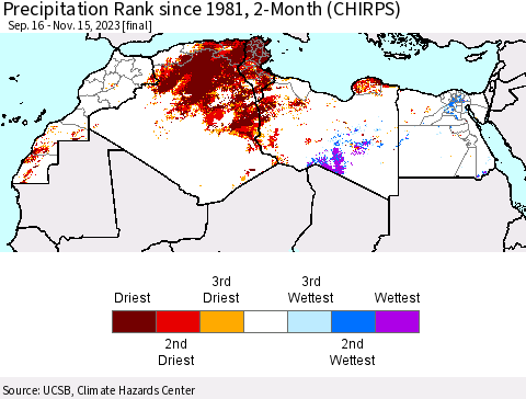 North Africa Precipitation Rank since 1981, 2-Month (CHIRPS) Thematic Map For 9/16/2023 - 11/15/2023