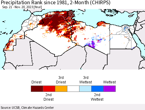 North Africa Precipitation Rank since 1981, 2-Month (CHIRPS) Thematic Map For 9/21/2023 - 11/20/2023