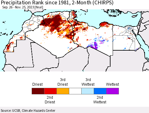 North Africa Precipitation Rank since 1981, 2-Month (CHIRPS) Thematic Map For 9/26/2023 - 11/25/2023