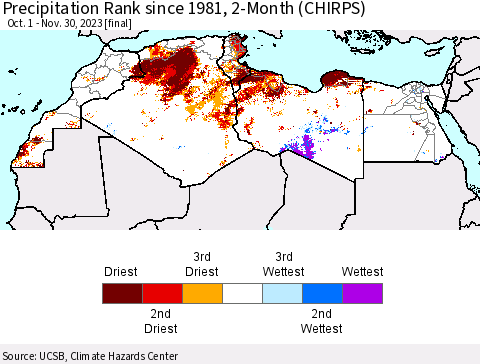 North Africa Precipitation Rank since 1981, 2-Month (CHIRPS) Thematic Map For 10/1/2023 - 11/30/2023