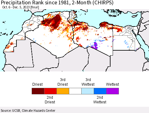 North Africa Precipitation Rank since 1981, 2-Month (CHIRPS) Thematic Map For 10/6/2023 - 12/5/2023
