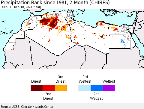 North Africa Precipitation Rank since 1981, 2-Month (CHIRPS) Thematic Map For 10/11/2023 - 12/10/2023