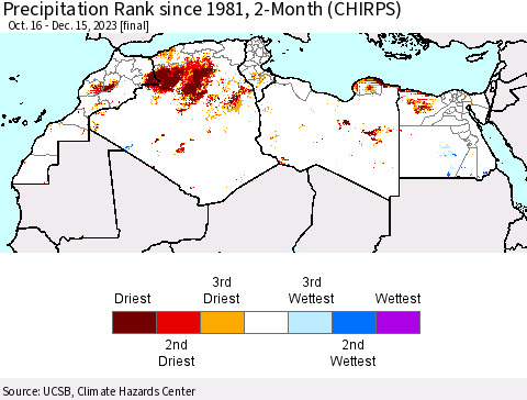 North Africa Precipitation Rank since 1981, 2-Month (CHIRPS) Thematic Map For 10/16/2023 - 12/15/2023