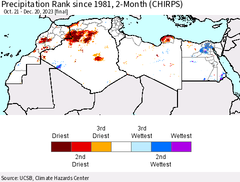 North Africa Precipitation Rank since 1981, 2-Month (CHIRPS) Thematic Map For 10/21/2023 - 12/20/2023