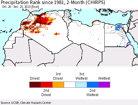 North Africa Precipitation Rank since 1981, 2-Month (CHIRPS) Thematic Map For 10/26/2023 - 12/25/2023