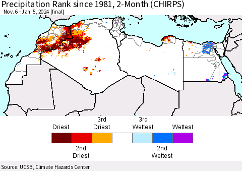 North Africa Precipitation Rank since 1981, 2-Month (CHIRPS) Thematic Map For 11/6/2023 - 1/5/2024