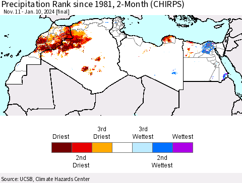 North Africa Precipitation Rank since 1981, 2-Month (CHIRPS) Thematic Map For 11/11/2023 - 1/10/2024