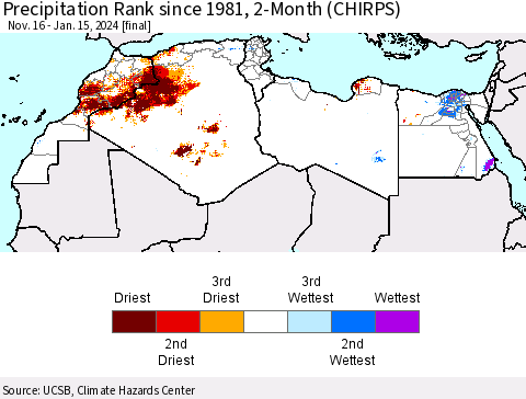 North Africa Precipitation Rank since 1981, 2-Month (CHIRPS) Thematic Map For 11/16/2023 - 1/15/2024