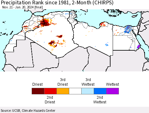 North Africa Precipitation Rank since 1981, 2-Month (CHIRPS) Thematic Map For 11/21/2023 - 1/20/2024