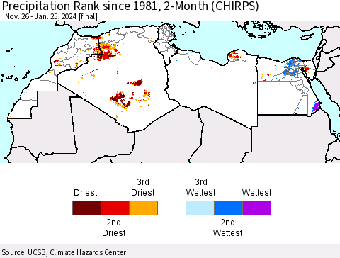 North Africa Precipitation Rank since 1981, 2-Month (CHIRPS) Thematic Map For 11/26/2023 - 1/25/2024