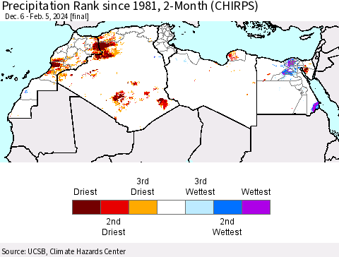North Africa Precipitation Rank since 1981, 2-Month (CHIRPS) Thematic Map For 12/6/2023 - 2/5/2024
