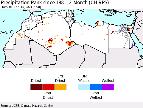 North Africa Precipitation Rank since 1981, 2-Month (CHIRPS) Thematic Map For 12/16/2023 - 2/15/2024