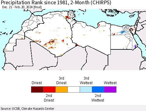 North Africa Precipitation Rank since 1981, 2-Month (CHIRPS) Thematic Map For 12/21/2023 - 2/20/2024