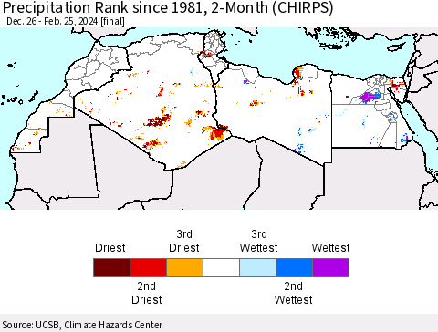 North Africa Precipitation Rank since 1981, 2-Month (CHIRPS) Thematic Map For 12/26/2023 - 2/25/2024