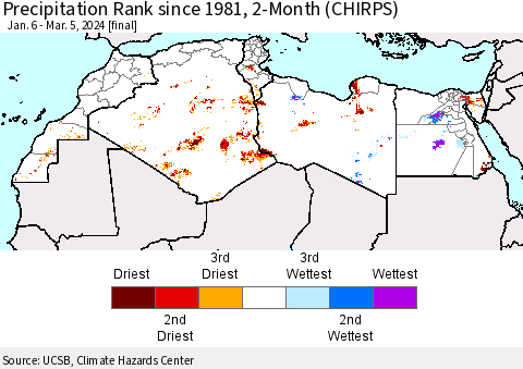 North Africa Precipitation Rank since 1981, 2-Month (CHIRPS) Thematic Map For 1/6/2024 - 3/5/2024