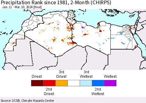 North Africa Precipitation Rank since 1981, 2-Month (CHIRPS) Thematic Map For 1/11/2024 - 3/10/2024
