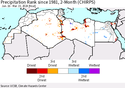 North Africa Precipitation Rank since 1981, 2-Month (CHIRPS) Thematic Map For 1/16/2024 - 3/15/2024