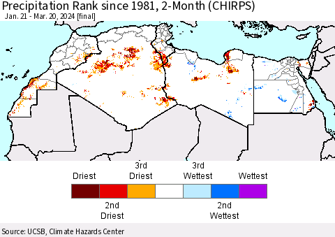 North Africa Precipitation Rank since 1981, 2-Month (CHIRPS) Thematic Map For 1/21/2024 - 3/20/2024