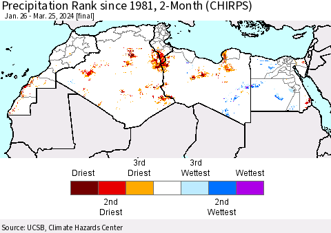 North Africa Precipitation Rank since 1981, 2-Month (CHIRPS) Thematic Map For 1/26/2024 - 3/25/2024