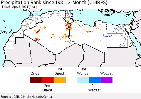North Africa Precipitation Rank since 1981, 2-Month (CHIRPS) Thematic Map For 2/6/2024 - 4/5/2024