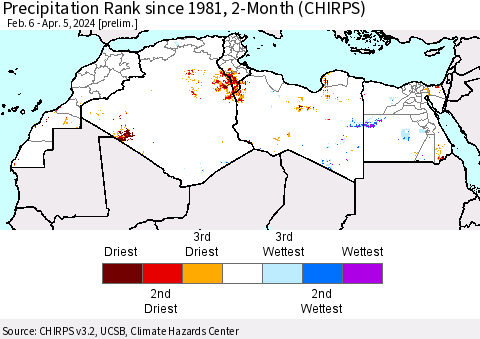 North Africa Precipitation Rank since 1981, 2-Month (CHIRPS) Thematic Map For 2/6/2024 - 4/5/2024
