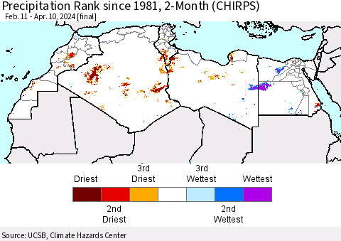 North Africa Precipitation Rank since 1981, 2-Month (CHIRPS) Thematic Map For 2/11/2024 - 4/10/2024
