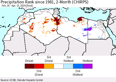 North Africa Precipitation Rank since 1981, 2-Month (CHIRPS) Thematic Map For 2/16/2024 - 4/15/2024