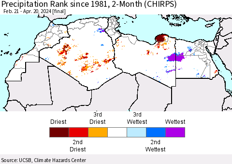 North Africa Precipitation Rank since 1981, 2-Month (CHIRPS) Thematic Map For 2/21/2024 - 4/20/2024