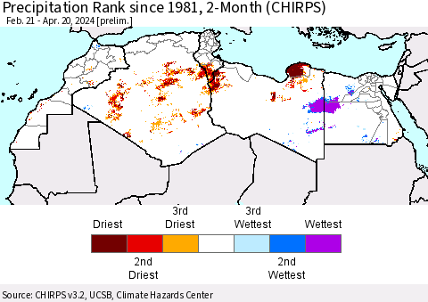 North Africa Precipitation Rank since 1981, 2-Month (CHIRPS) Thematic Map For 2/21/2024 - 4/20/2024