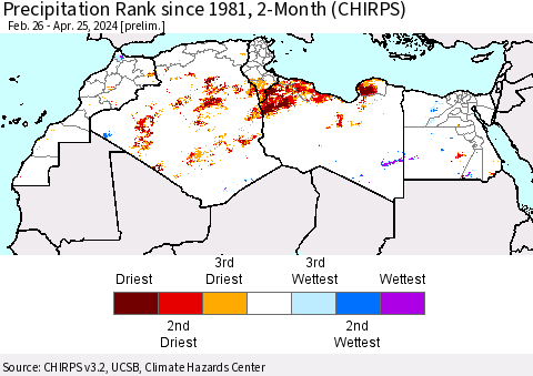 North Africa Precipitation Rank since 1981, 2-Month (CHIRPS) Thematic Map For 2/26/2024 - 4/25/2024