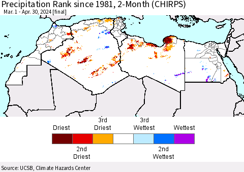 North Africa Precipitation Rank since 1981, 2-Month (CHIRPS) Thematic Map For 3/1/2024 - 4/30/2024
