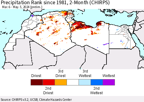 North Africa Precipitation Rank since 1981, 2-Month (CHIRPS) Thematic Map For 3/6/2024 - 5/5/2024