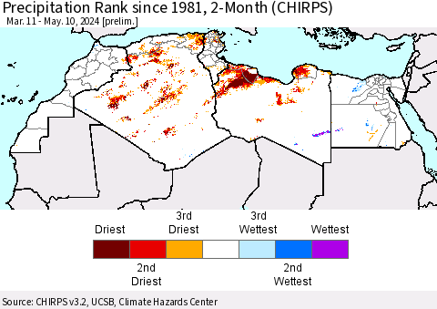 North Africa Precipitation Rank since 1981, 2-Month (CHIRPS) Thematic Map For 3/11/2024 - 5/10/2024