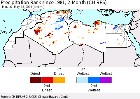 North Africa Precipitation Rank since 1981, 2-Month (CHIRPS) Thematic Map For 3/16/2024 - 5/15/2024