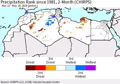 North Africa Precipitation Rank since 1981, 2-Month (CHIRPS) Thematic Map For 3/21/2024 - 5/20/2024