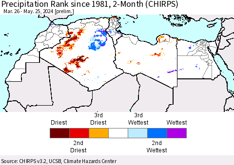 North Africa Precipitation Rank since 1981, 2-Month (CHIRPS) Thematic Map For 3/26/2024 - 5/25/2024