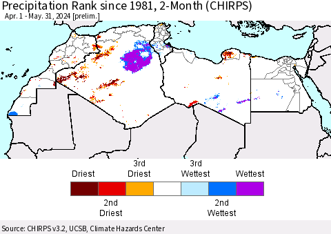 North Africa Precipitation Rank since 1981, 2-Month (CHIRPS) Thematic Map For 4/1/2024 - 5/31/2024