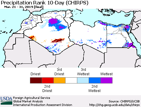 North Africa Precipitation Rank since 1981, 10-Day (CHIRPS) Thematic Map For 3/21/2019 - 3/31/2019