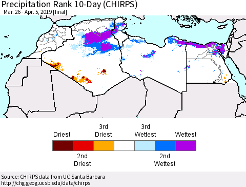 North Africa Precipitation Rank since 1981, 10-Day (CHIRPS) Thematic Map For 3/26/2019 - 4/5/2019