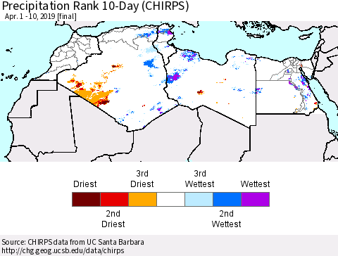 North Africa Precipitation Rank since 1981, 10-Day (CHIRPS) Thematic Map For 4/1/2019 - 4/10/2019