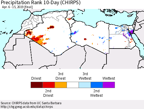 North Africa Precipitation Rank since 1981, 10-Day (CHIRPS) Thematic Map For 4/6/2019 - 4/15/2019