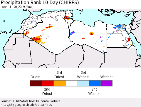 North Africa Precipitation Rank since 1981, 10-Day (CHIRPS) Thematic Map For 4/11/2019 - 4/20/2019