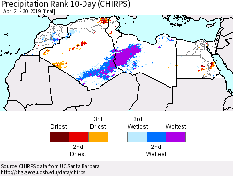 North Africa Precipitation Rank since 1981, 10-Day (CHIRPS) Thematic Map For 4/21/2019 - 4/30/2019