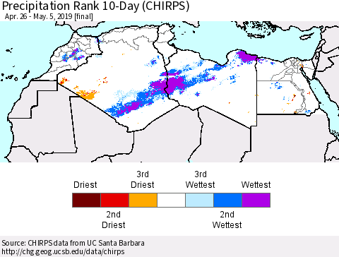North Africa Precipitation Rank since 1981, 10-Day (CHIRPS) Thematic Map For 4/26/2019 - 5/5/2019