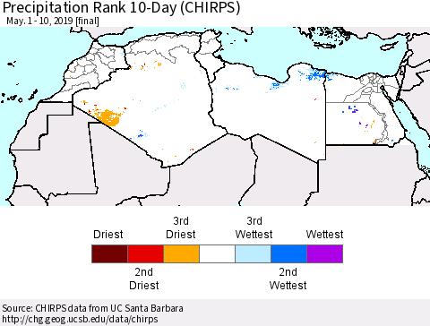 North Africa Precipitation Rank since 1981, 10-Day (CHIRPS) Thematic Map For 5/1/2019 - 5/10/2019