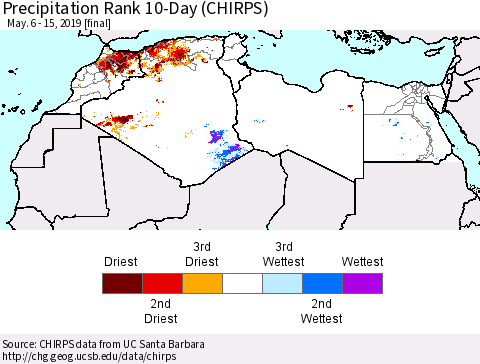 North Africa Precipitation Rank since 1981, 10-Day (CHIRPS) Thematic Map For 5/6/2019 - 5/15/2019