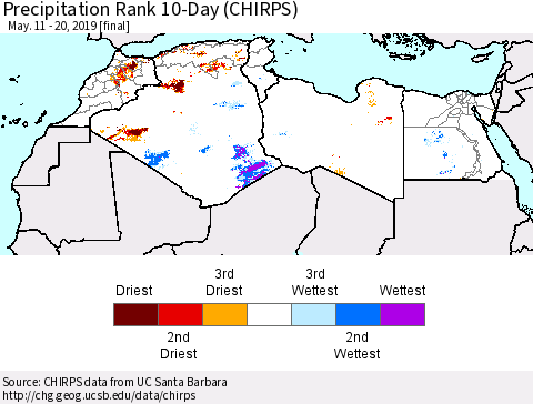 North Africa Precipitation Rank since 1981, 10-Day (CHIRPS) Thematic Map For 5/11/2019 - 5/20/2019
