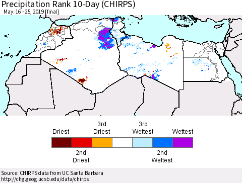 North Africa Precipitation Rank since 1981, 10-Day (CHIRPS) Thematic Map For 5/16/2019 - 5/25/2019